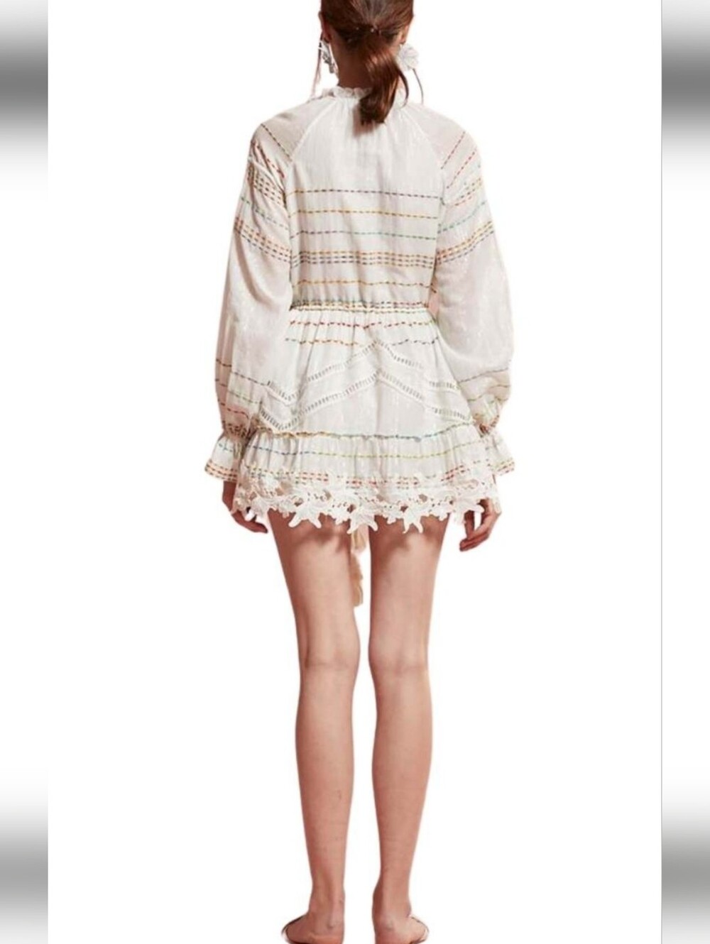 HEMANT & NANDITA White Eyelet Floral Crochet Woven Yarn Mini Dress  Size Small